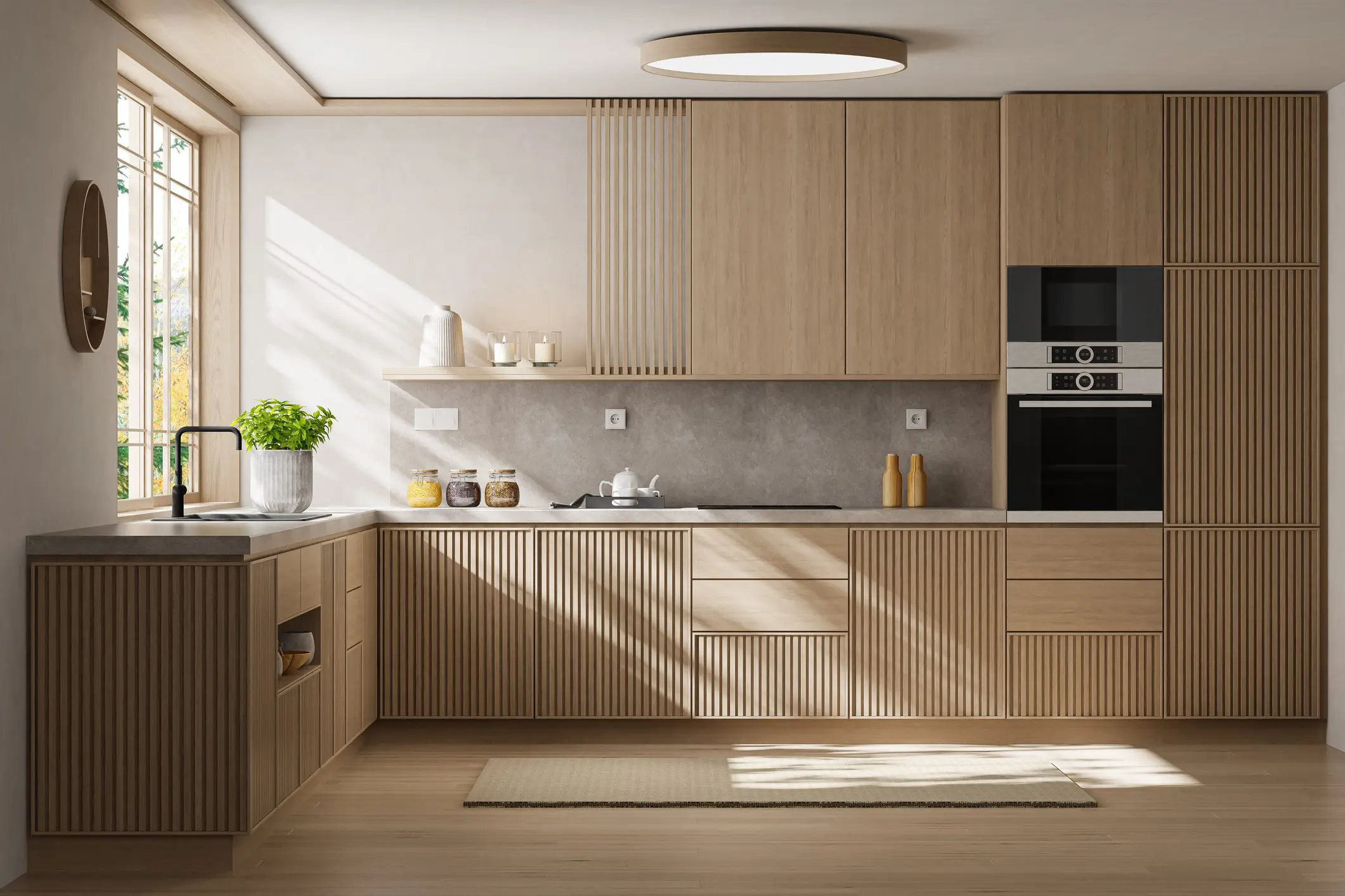 Minimalist kitchen interior in Japandi Scandinavian style featuring matte pine wood cabinetry with vertical grooves, soft gray counter-top, and a clean open layout. Natural light from large windows enhances the warm textures and serene atmosphere, ideal for countryside villas, penthouses, or modern apartment renovations. Perfect for real estate presentations, interior design portfolios, or lifestyle visuals focused on calm functionality and organic material harmony.